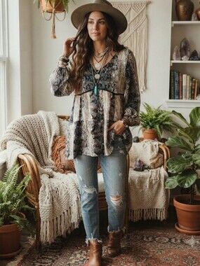 Romantic Gypsy Womens Large Snakeskin Fairy Grunge Boho Babydoll Peasant Top